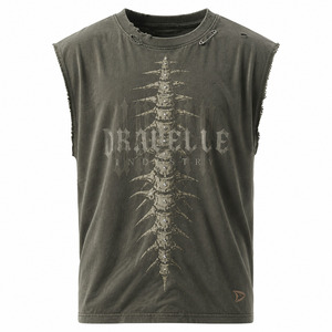 Washed Sleeveless Muscle Tee, Oversized Boxy Streetwear Tank <b>Top</b> with Distressed Spine Graphic & Raw Cut Armholes - Product Image 3