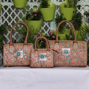 100% Genuine Leather Luxury Durable Lightweight Mini Speedy Duffle Travel Bag Hand Tooled Florals Carved Single Turquoise Stone - Product Image 3