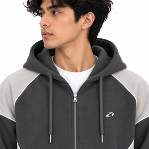 Ensemble de survêtement personnalisé pour homme, gris anthracite, avec sweat à capuche zippé et pantalon de survêtement large, empiècements et passepoil blancs contrastants, streetwear d'hiver - Product Image 4