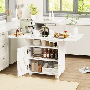 Carrello da Cucina/Isola in Legno con Ruote Rimovibili, 6 Ruote, 47 Pollici, Colore Marmo Bianco, con Ripiani Contenitori e Mobiletto, per Cucina e Ingresso - Product Image 1