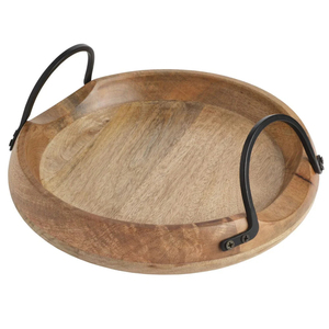 Plateau de service rond en bois de manguier fait main avec poignées en métal rustique, plateau décoratif pour table basse, idéal pour la décoration de maison de style farmhouse. - Product Image 4