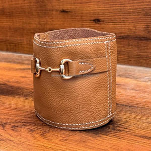 New Genuine Leather-Wrapped <b>Candle</b> <b>Holder</b> with <b>Gold</b> Horsebit Accent Rustic Decorative <b>Candle</b> Stand ROUY for Home & Office Decor - Product Image 5