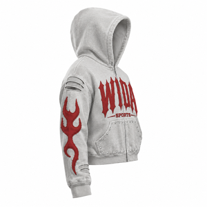 Sweat à capuche Wida Sports gris hiver surdimensionné avec fermeture éclair intégrale, respirant, avec applique flamme rouge et poches cloutées, streetwear unisexe en polaire - Product Image 3