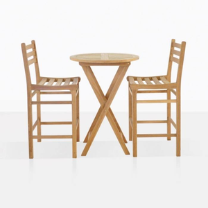 Ensemble de table de bar ronde avec un design en bois à lattes et des pieds en bois croisés, accompagné de deux tabourets de bar hauts assortis - Product Image 3