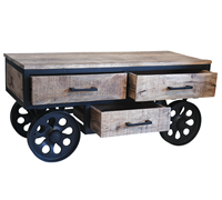 Table basse moderne en bois de manguier massif avec 4 roulettes en fonte et 3 tiroirs de rangement, finition noire et naturelle, style industriel métal et bois