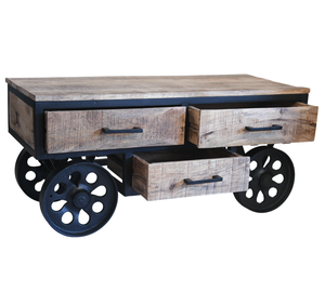 Table basse moderne en bois de manguier massif avec 4 roulettes en fonte et 3 tiroirs de rangement, finition noire et naturelle, style industriel métal et bois - Product Image 2