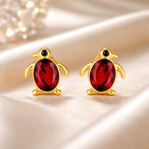 Cute Penguin <b>Stud</b> <b>Earrings</b> Gold Plated Red <b>Crystal</b> Animal Shape Bezel Setting Unisex Everyday Wear Jewelry - Product Image 4