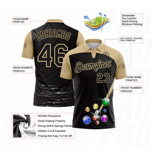 เสื้อโปโลสีดำแบบกำหนดเองพร้อมลายลูกบิลเลียดสีทองเวกัส เสื้อกีฬาระดับพรีเมียม ปักชื่อและโลโก้ตามสั่งด้วยเทคนิคการระเหิดสี - Product Image 3