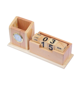 Porte-stylos en bois, organiseur de bureau, support à stylos/crayons en bois d'acacia avec horloge, artisanat parfait, meilleur prix - Product Image 3
