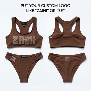 Women Swim Suit Premium Nylon Spandex 220 GSM Stretch <b>Bikini</b> Set Brown Racerback Top High Cut Brief Custom <b>Rhinestone</b> Logo Set - Product Image 1