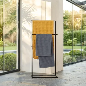 Minimalist Metal <b>Towel</b> Rack Standing Double Tier Matte Black Bathroom Storage Holder Durable <b>Waffle</b> <b>Towel</b> Organizer - Product Image 6