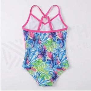 Girls One-Piece Swimsuit With Tropical Floral Print And Pink Ruffle Asymmetric Design <b>Crossed</b> Halter Neckline - Product Image 2
