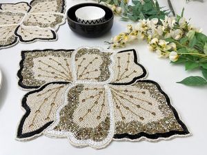 Handmade <b>beaded</b> <b>placemat</b>, tablemat, 14 inch, white gold black charger - Product Image 2