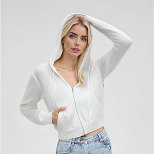 Hoodies courts en gros pour femme, couleur blanche, à fermeture éclair, manches longues, pull-over, pour la gym et le fitness - Product Image 2