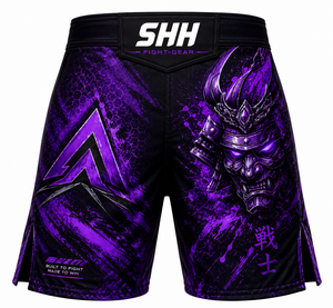 Pantalones Cortos de Lucha MMA Personalizados para Hombre, Negros y Morados, con Gráfico de Máscara de Demonio Samurai Japonés, Cintura con Velcro, para Entrenamiento de BJJ y Grappling - Product Image 2