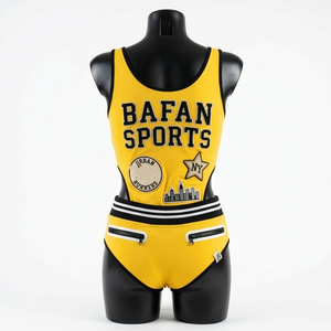 Traje de baño de una pieza para mujer, tela elástica de poliéster y spandex, amarillo con paneles negros, logotipo personalizado para traje de baño. - Product Image 2