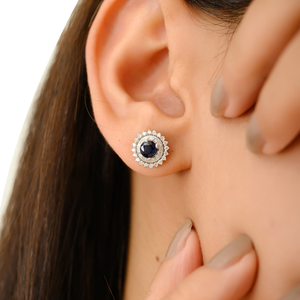 Nuevos y Elegantes Pendientes de Oro Blanco de 18K Originales con Zafiro Azul de 2mm y Diamantes en Forma Redonda, Doble Racimo, Regalo para el Día de la Madre - Product Image 6