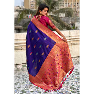 Violet Soft Silk Saree with Intricate Flower Butta Meenakari Zari Woven Design Elegant <b>Prom</b> <b>Dresses</b> by Elite Weaves - Product Image 4