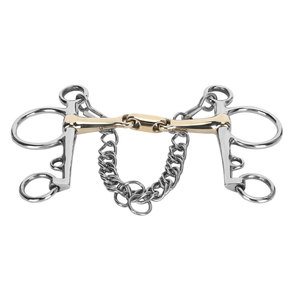 Bocado de acero inoxidable para caballo con enlace central dorado y cadena para montar a caballo - Product Image 1