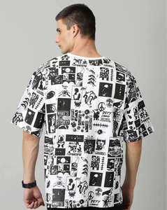 เสื้อยืดคอกลมแขนสั้นทรงหลวมพิมพ์ลายกราฟิกการ์ตูนสีขาวดำสำหรับผู้ชาย - Product Image 6