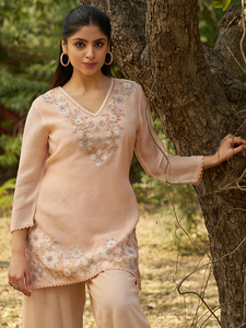 Conjunto de Kurta y Palazzo Elegante para Mujer, Color Beige, con Cuentas Florales, Viscosa, Manga Larga, Cuello en V, Bordado, para Fiesta de Graduación o Boda - Product Image 6