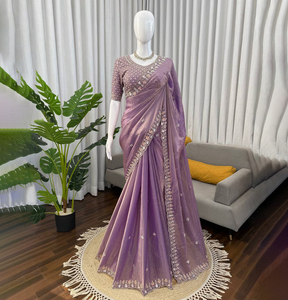 Sari indio de moda, bellamente diseñado, de seda Rangoli pesada con trabajo manual, color chocolate, para fiesta y completamente cosido. - Product Image 1