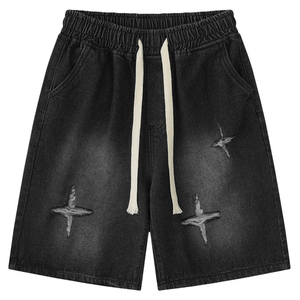 Pantalones Cortos de Mezclilla Desgastados para Hombre, Corte Recto, Rotos, Lavados, de Algodón, Casuales, de Verano, Cintura Media, con Cordón, Negros y Azules - Product Image 2