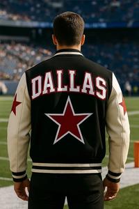 Chaqueta Varsity Personalizada Estilo Dallas, Lana Negra y Mangas de Cuero Blanco - Product Image 2
