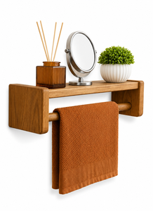 Porte-serviettes mural en bois avec étagère, design minimaliste, finition naturelle, pour salle de bain, accessoires de salle de bain en bois - Product Image 4