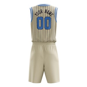 Conjunto de Camiseta de Baloncesto Sublimada Personalizada, Beige con Rayas Azules, Cuello en V, Sin Mangas, Unisex para Adultos, Impresión con Nombre del Equipo, Absorbe la Humedad - Product Image 2