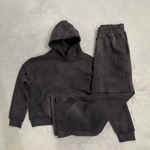 OEM ODM 450 Gsm Double Waisted Boxy Rhinestone Acid Washed Tracksuit Distressed Screen Print Sweat <b>Shorts</b> and Hoodie Set - Product Image 1