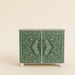 Mueble de lujo verde con incrustaciones de hueso y patrón floral – Aparador de almacenamiento de madera hecho a mano, muebles al por mayor de la India - Product Image 1