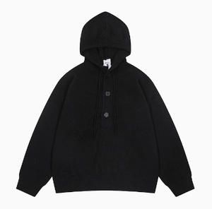 Pull à capuche en tricot pour homme, couleur unie, boutons sur le devant, décontracté, manches longues, coupe classique, vêtements d'automne - Product Image 5