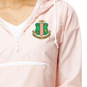 Light Pink Women Quarter Zip Crop Windbreaker Jacket with Green Embroidered Crest Lightweight Long Sleeve Casual Outdoor Wear - Product Image 2