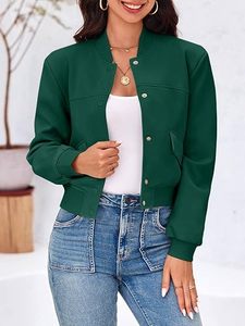 Chaqueta Bomber Verde para Mujer, Color Sólido, Cuello Alto, Manga Larga, Cierre de Botones, Ropa Exterior Informal para Otoño - Product Image 4