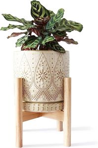 Minimalist Metal Flower <b>Pot</b> with Wooden Stand Glazed Finish for Indoor Plants - Product Image 5