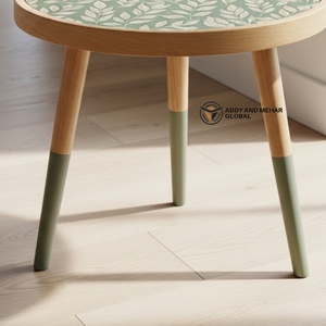 Green Floral Meena Design Wooden <b>Stool</b> – Handcrafted <b>Round</b> Decorative Accent <b>Stool</b> - Product Image 5