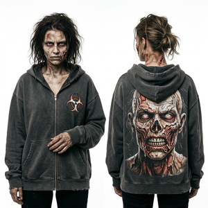 Sudadera con capucha negra con cremallera y lavado ácido personalizado, con gráfico detallado de cara de zombie y logotipo de bioquedera en el pecho, estilo chaqueta de moda de terror - Product Image 1