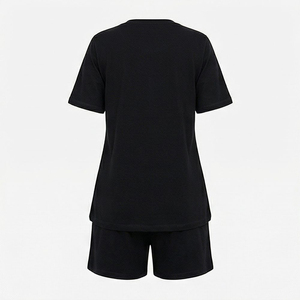 Women's Black 2-Piece <b>Knitted</b> <b>Set</b> Crew Neck Short Sleeve Top With Pocket Loose Fit Above Knee Shorts Solid Breathable - Product Image 2