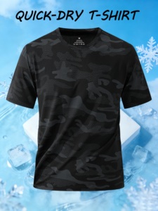 Camiseta de Manga Corta con Cuello Redondo y Camuflaje Negro para Hombre, de Secado Rápido, 100% Poliéster, Tejido de Punto, Corte Regular Informal - Product Image 1