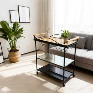 Chariot de bar moderne avec structure en métal noir, plateau en bois, étagère en verre, chariot de service mobile, mobilier de maison minimaliste, rangement décoratif - Product Image 1