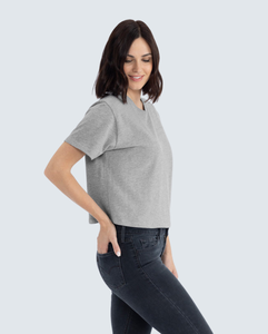 T-shirt décontracté gris à col rond pour femme, coupe ample, manches courtes, couleur unie, 100 % coton, tissu denim, séchage rapide, printemps - Product Image 3