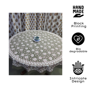 Indian Artisan Hand Block Floral Print Cotton 4 Seater Round <b>Dining</b> <b>Table</b> <b>Cover</b> Durable Washable Sustainable Floral Design - Product Image 3
