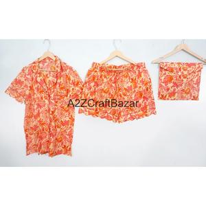 Conjunto de Pijama Estilo Canguro 100% Algodón Puro Estampado a Mano para Mujer, Ropa de Dormir de Manga Corta con Bolsillos, Suave y Transpirable - Product Image 1