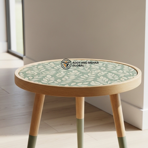 Green Floral Meena Design Wooden <b>Stool</b> – Handcrafted <b>Round</b> Decorative Accent <b>Stool</b> - Product Image 4