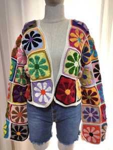 Women's <b>Crocheted</b> Patchwork <b>Cardigan</b> Full Sleeve Bohemian Style Medium Length O-Neck Colorful Floral Appliques Spring Wear - Product Image 3
