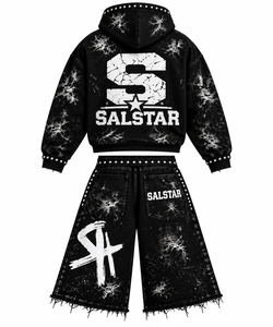 ชุดเซ็ต 2 ชิ้น เสื้อฮู้ดดี้ลายกราฟิกสีดำสำหรับผู้ชายและกางเกงขาสั้นทรงหลวม สไตล์สตรีทแวร์โอเวอร์ไซส์ ชุดแทรคสูท พร้อมโลโก้แบบกำหนดเอง ชุดลำลองสไตล์ฮิปฮอป - Product Image 1