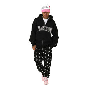 เสื้อฮู้ดดี้แฟชั่นไซส์ใหญ่แบบขายส่ง ประดับด้วยคริสตัล ลุควินเทจแบบฟอกสี ซิปหน้า ปักลาย апплика สำหรับผู้ชาย - Product Image 2