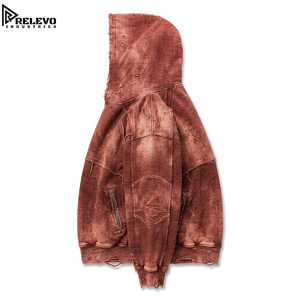 Sweat à capuche en molleton épais vintage lavé, personnalisable en gros, unisexe, rouge brique, style grunge, avec poches zippées sécurisées - Product Image 3