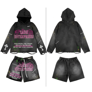 Sudadera con Capucha y Pantalones Cortos para Hombre, 340 GSM, Felpa de Algodón Premium, Transpirable, Color Negro Carbón Sólido, Personalizable, Invierno - Product Image 1